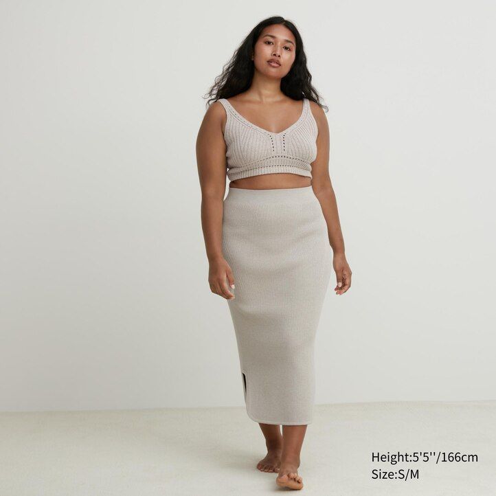 uniqlo 3d-strickrock nahtlos soufflé-garn gerippt damen beige