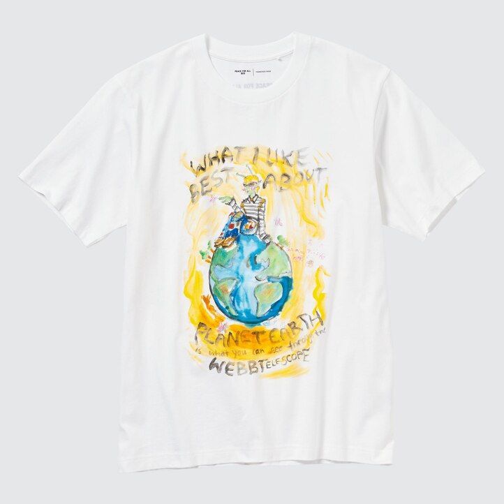 weiße damen-t-shirts von uniqlo mit dem aufdruck „peace for all von francesco risso