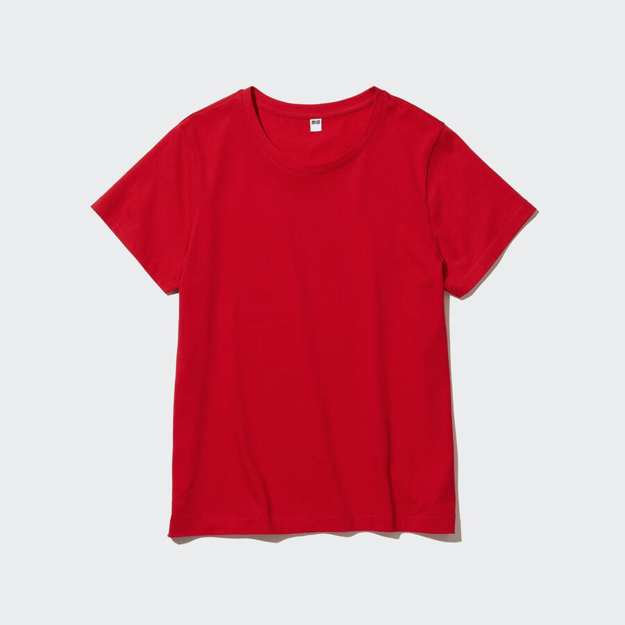rotes uniqlo damen-t-shirt aus 100 supima-baumwolle mit rundhalsausschnitt und langen Ärmeln