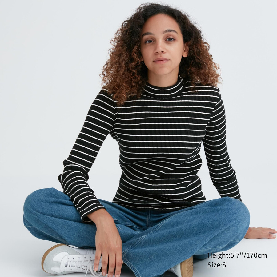 schwarze uniqlo damen-t-shirts mit rippstrick streifen und hohem kragen sowie langen Ärmeln