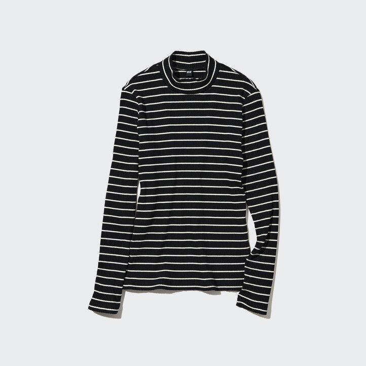 schwarze uniqlo damen-t-shirts mit rippstrick streifen und hohem kragen sowie langen Ärmeln