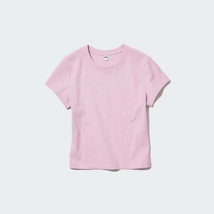 pinkfarbene uniqlo damen-t-shirts mit kurzem schnitt und Ärmeln