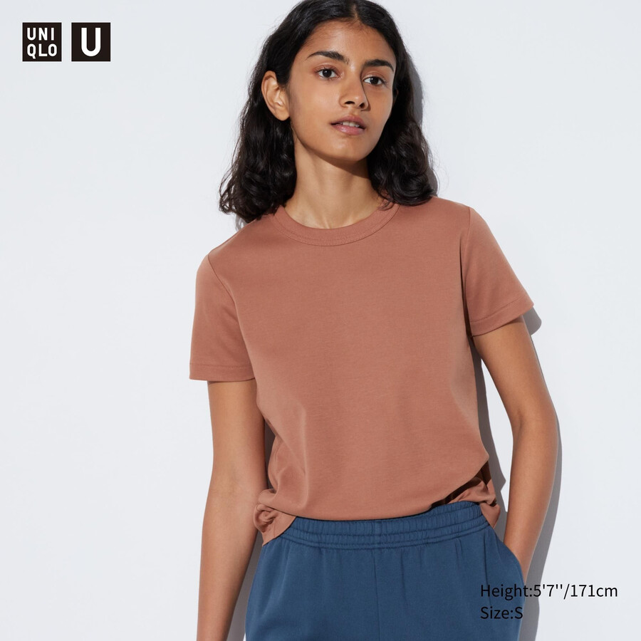 braune uniqlo uniqlo u rundhals-t-shirts mit Ärmeln für damen