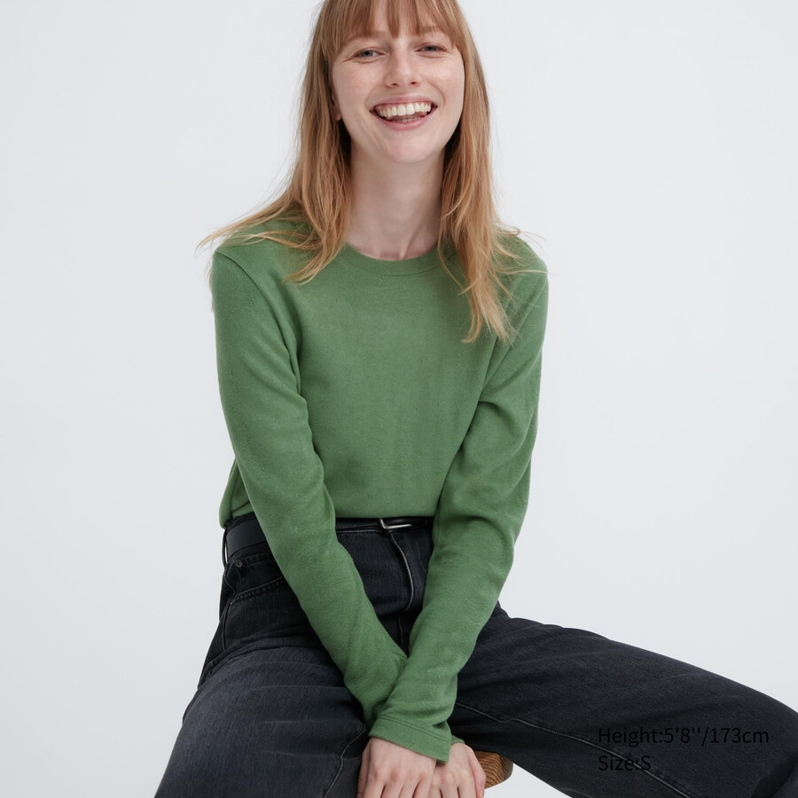 grüne uniqlo heattech fleece-thermo-t-shirts für damen mit rundhalsausschnitt und Ärmeln