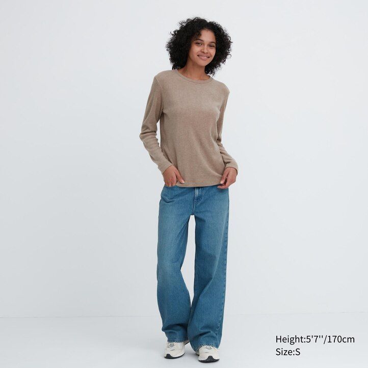 grüne uniqlo heattech fleece-thermo-t-shirts für damen mit rundhalsausschnitt und Ärmeln