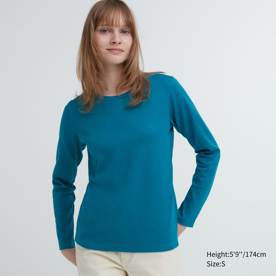 uniqlo damen-t-shirt aus glatter dehnbarer baumwolle mit rundhalsausschnitt und Ärmeln grün