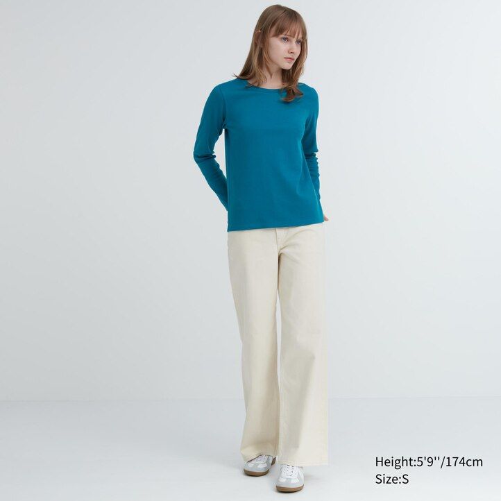 uniqlo damen-t-shirt aus glatter dehnbarer baumwolle mit rundhalsausschnitt und Ärmeln grün