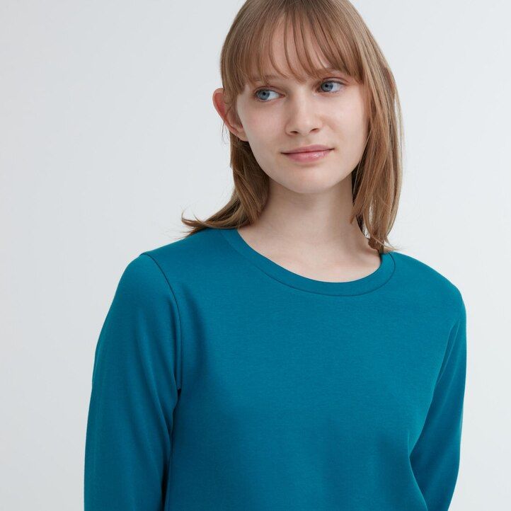 uniqlo damen-t-shirt aus glatter dehnbarer baumwolle mit rundhalsausschnitt und Ärmeln grün