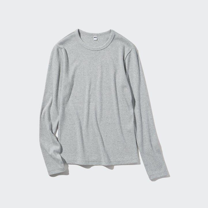 grüne uniqlo damen-t-shirts mit weichem rippstrick rundhalsausschnitt und langen Ärmeln
