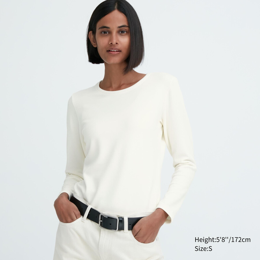 weiße uniqlo heattech ultra warm rundhals-thermo-t-shirts mit Ärmeln für damen