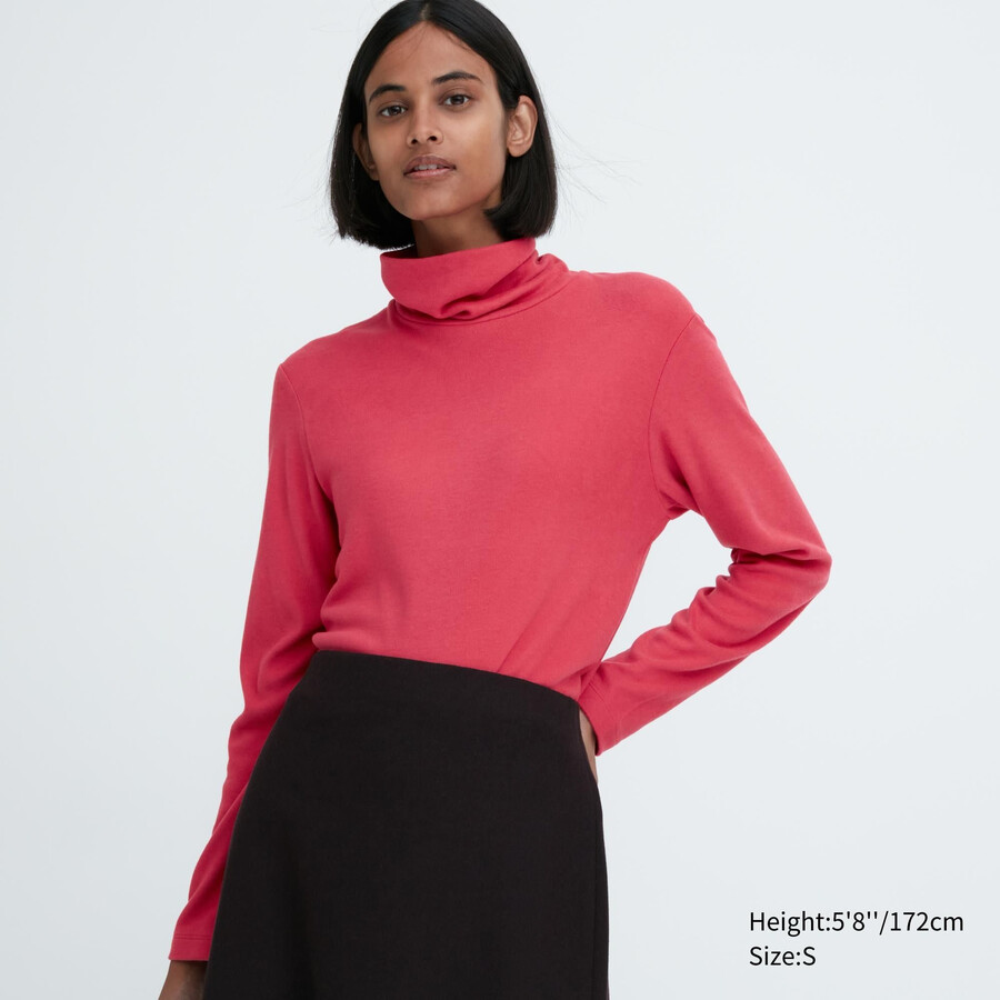 rote uniqlo heattech fleece-thermo-t-shirts mit Ärmeln für damen