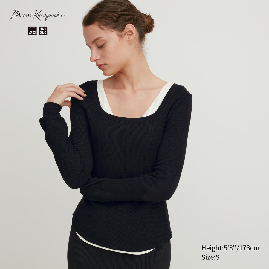 uniqlo heattech extra warm waffel-thermo-t-shirt mit eckigem halsausschnitt und Ärmeln für damen schwarz