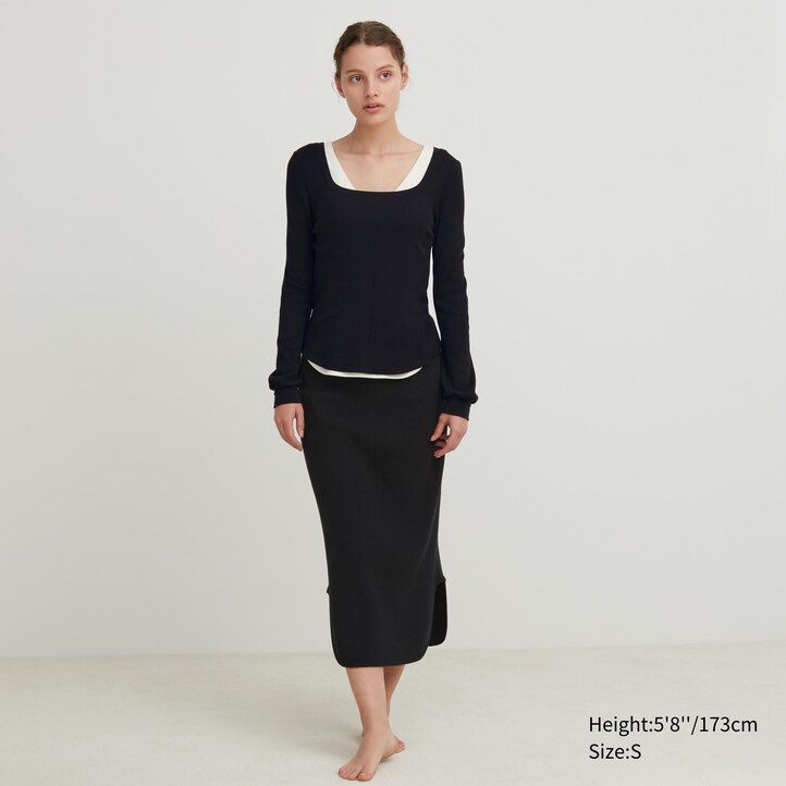 uniqlo heattech extra warm waffel-thermo-t-shirt mit eckigem halsausschnitt und Ärmeln für damen schwarz