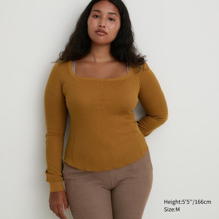 uniqlo heattech extra warm waffel-thermo-t-shirt mit eckigem halsausschnitt und Ärmeln für damen schwarz