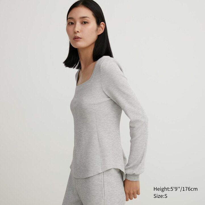 uniqlo heattech extra warm waffel-thermo-t-shirt mit eckigem halsausschnitt und Ärmeln für damen schwarz