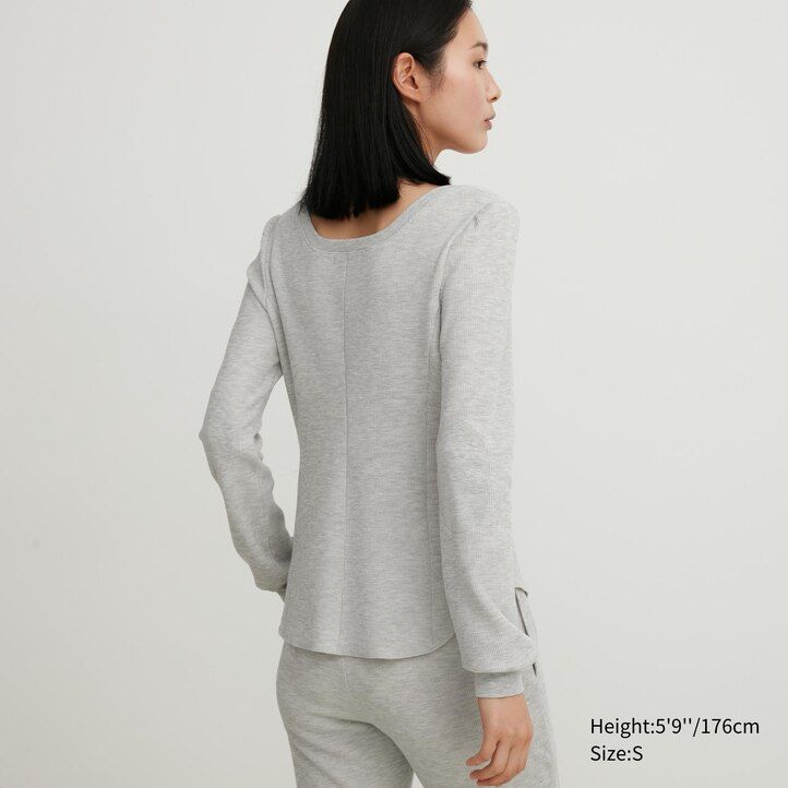 uniqlo heattech extra warm waffel-thermo-t-shirt mit eckigem halsausschnitt und Ärmeln für damen schwarz