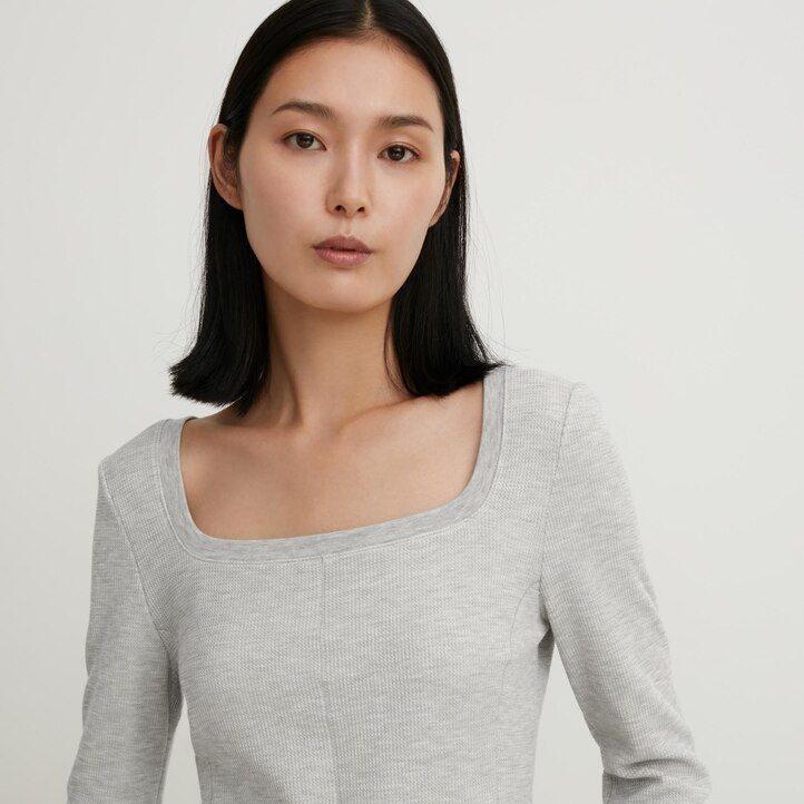 uniqlo heattech extra warm waffel-thermo-t-shirt mit eckigem halsausschnitt und Ärmeln für damen schwarz