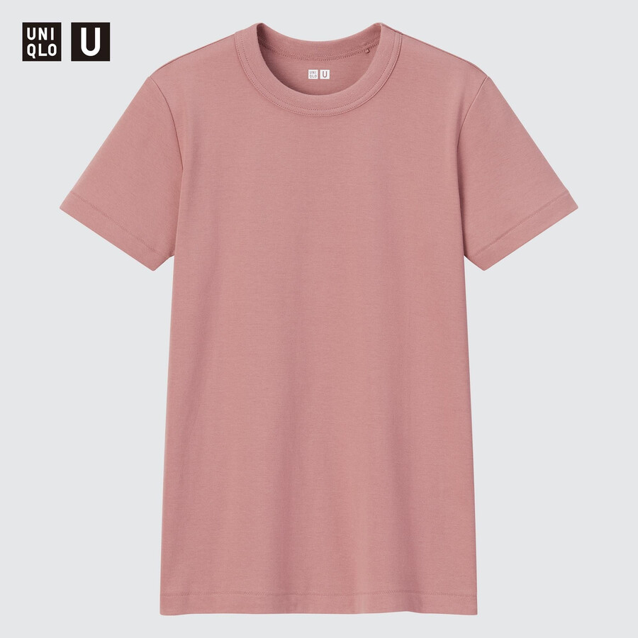 pinkfarbene uniqlo damen-t-shirts mit rundhalsausschnitt und Ärmeln