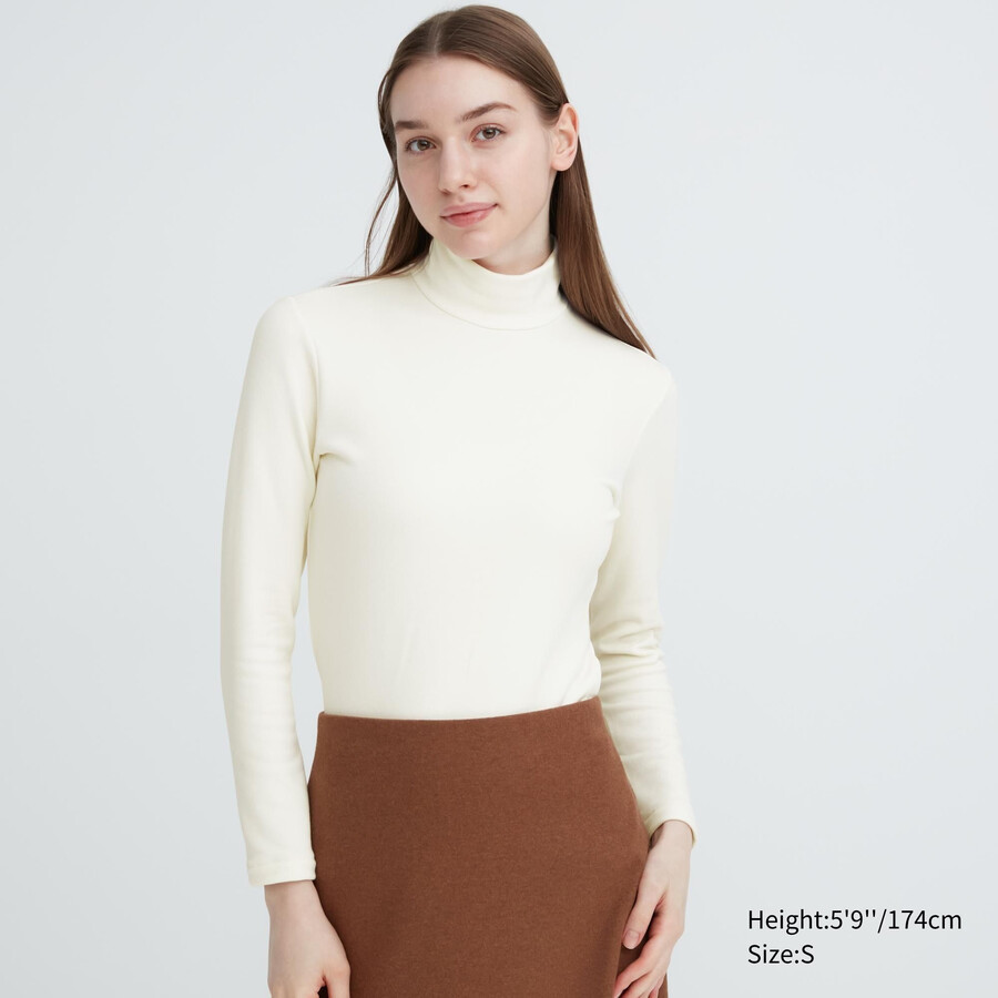 weiße uniqlo heattech ultra warm thermo-t-shirts mit hohem kragen und Ärmeln für damen