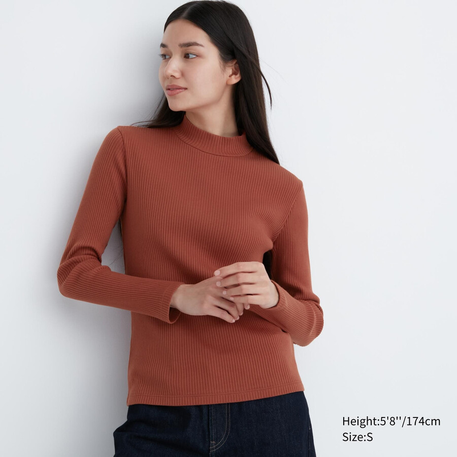 uniqlo damen-t-shirt mit rippstrick hohem kragen und langen Ärmeln dunkelorange