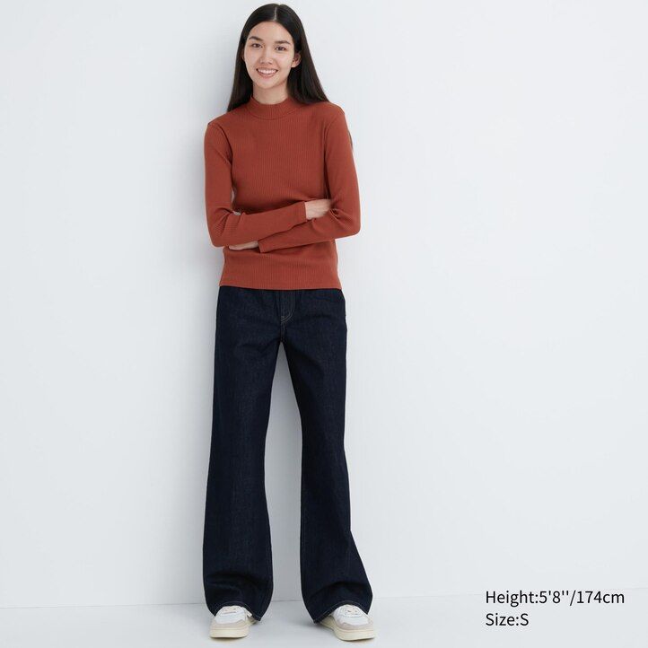 uniqlo damen-t-shirt mit rippstrick hohem kragen und langen Ärmeln dunkelorange
