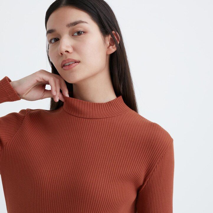 uniqlo damen-t-shirt mit rippstrick hohem kragen und langen Ärmeln dunkelorange