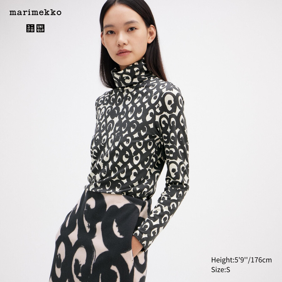 uniqlo heattech thermoshirt mit wirbelmuster und Ärmeln für damen schwarz