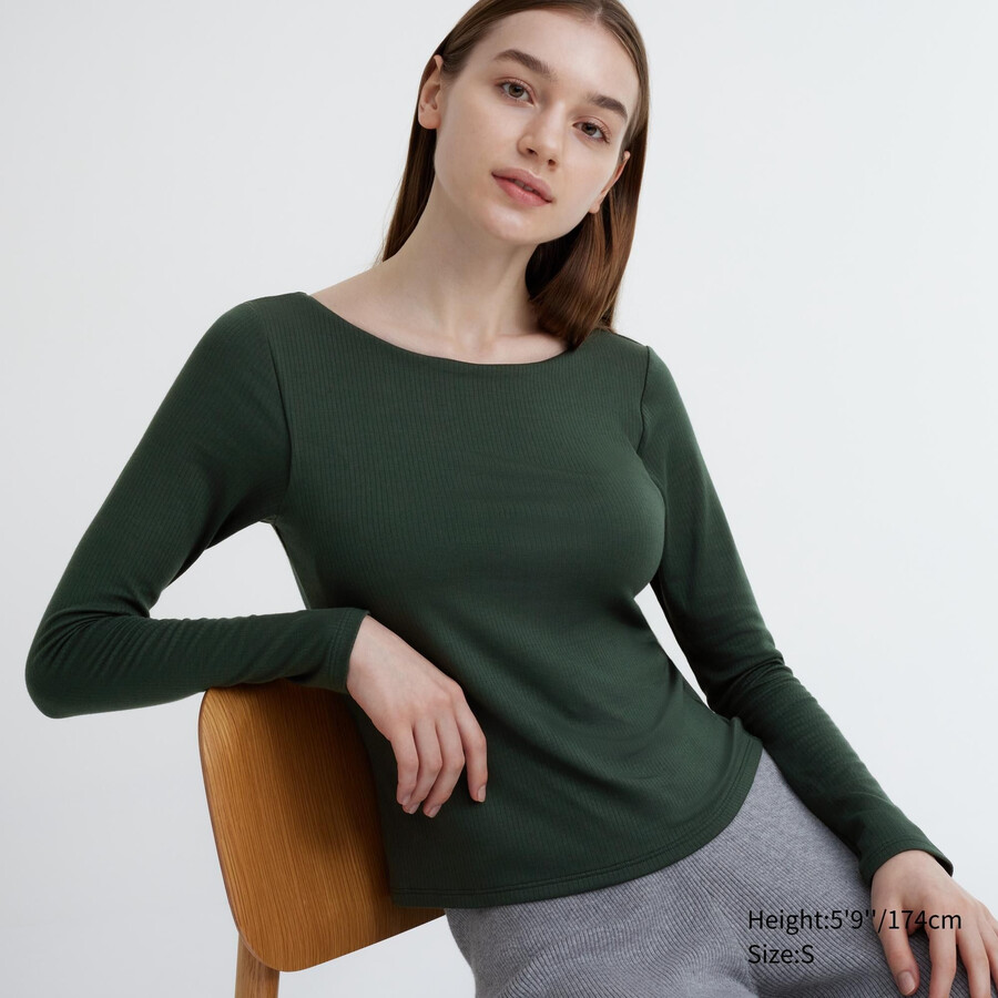dunkelgrüne uniqlo heattech rippstrick-thermo-t-shirts für damen mit rundhalsausschnitt und Ärmeln