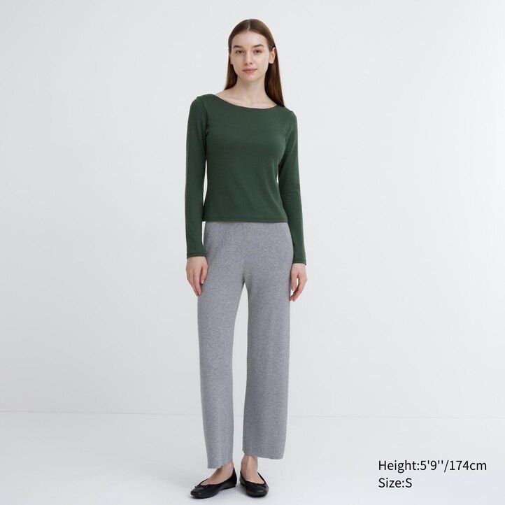 dunkelgrüne uniqlo heattech rippstrick-thermo-t-shirts für damen mit rundhalsausschnitt und Ärmeln