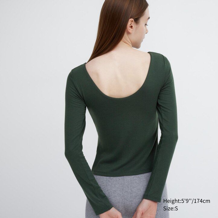 dunkelgrüne uniqlo heattech rippstrick-thermo-t-shirts für damen mit rundhalsausschnitt und Ärmeln