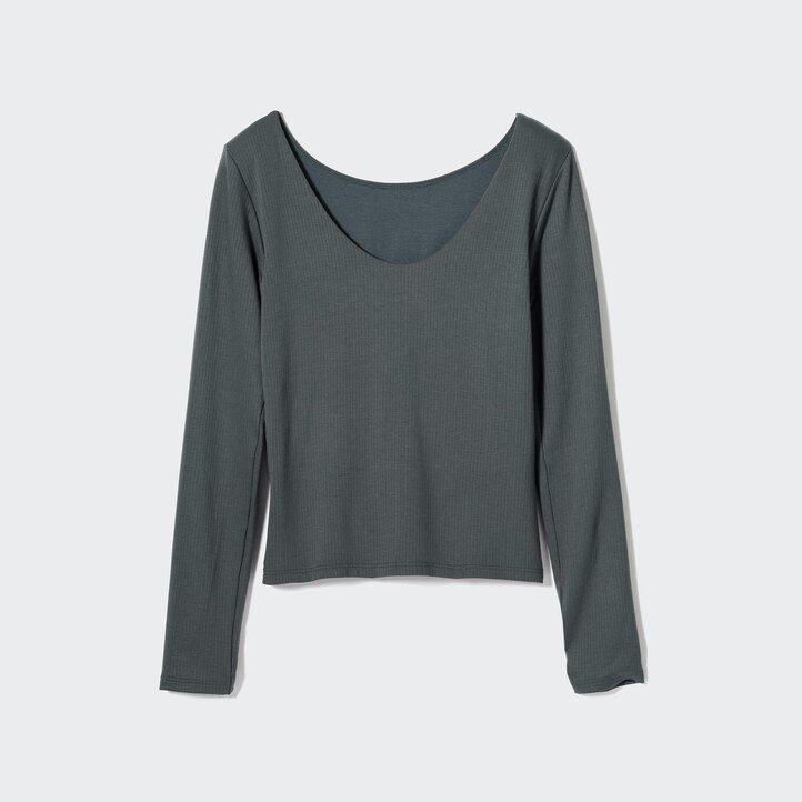 dunkelgrüne uniqlo heattech rippstrick-thermo-t-shirts für damen mit rundhalsausschnitt und Ärmeln