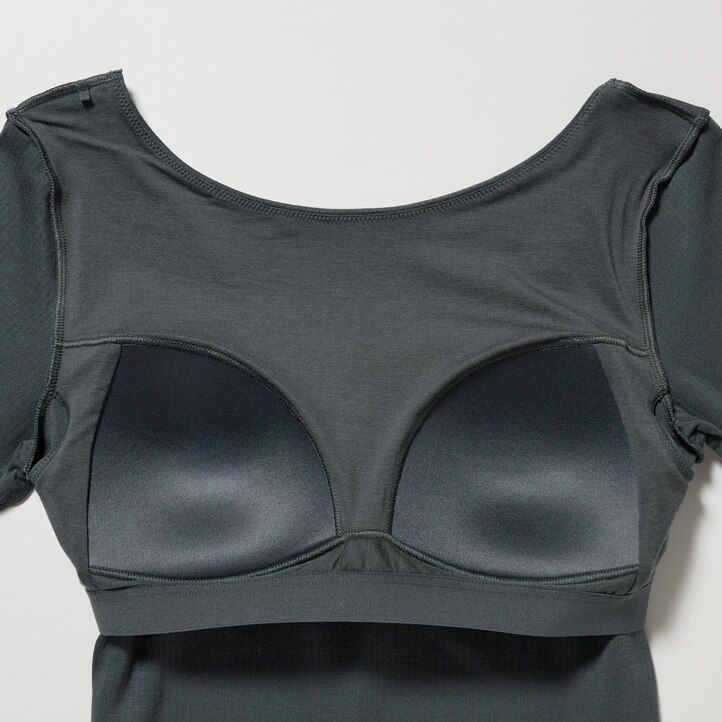 dunkelgrüne uniqlo heattech rippstrick-thermo-t-shirts für damen mit rundhalsausschnitt und Ärmeln