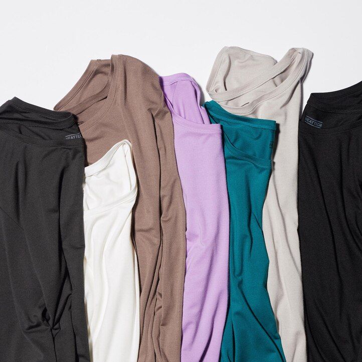 dunkelgraue uniqlo heattech damen-thermo-t-shirts mit rundhalsausschnitt und Ärmeln