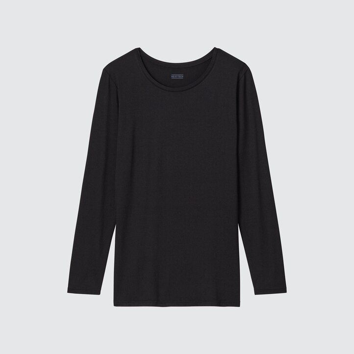 dunkelgraue uniqlo heattech damen-thermo-t-shirts mit rundhalsausschnitt und Ärmeln