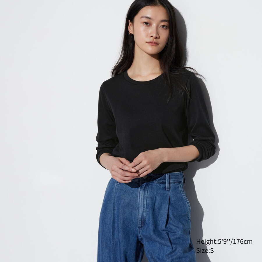 uniqlo damen-t-shirt aus glatter dehnbarer baumwolle mit rundhalsausschnitt und Ärmeln schwarz