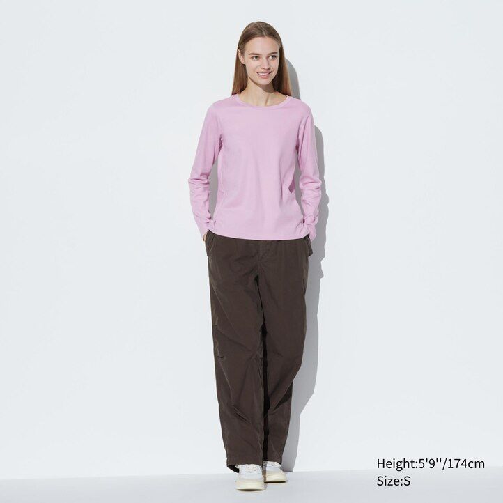 uniqlo damen-t-shirt aus glatter dehnbarer baumwolle mit rundhalsausschnitt und Ärmeln schwarz