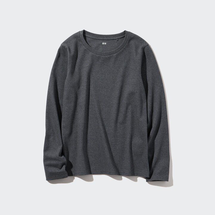 uniqlo damen-t-shirt aus glatter dehnbarer baumwolle mit rundhalsausschnitt und Ärmeln schwarz