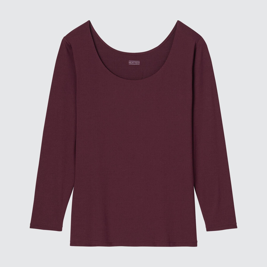 burgunderfarbene uniqlo heattech damen-thermo-t-shirts mit rundhalsausschnitt und Ärmeln