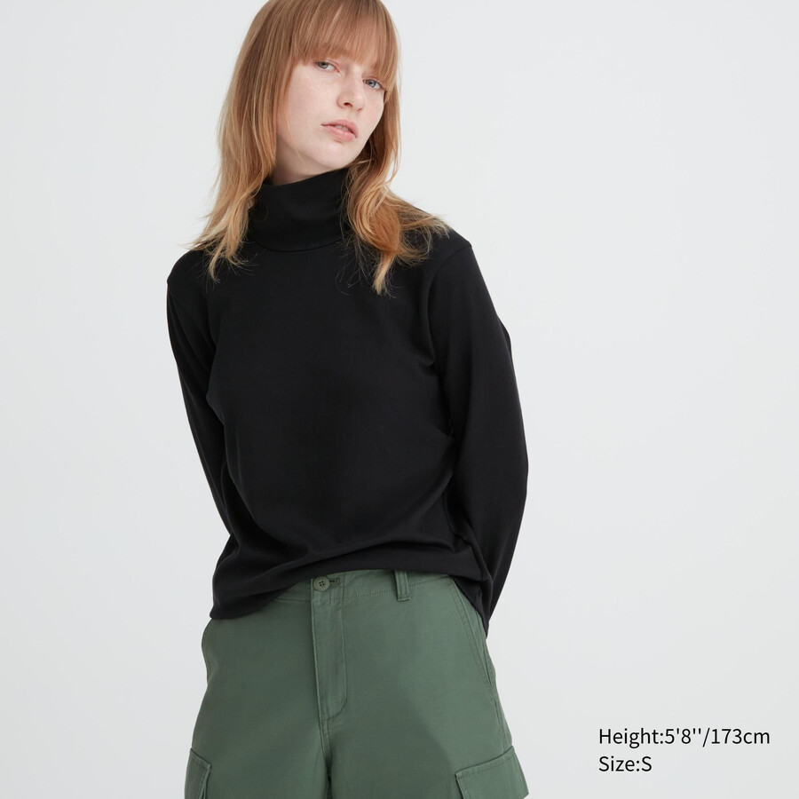 schwarze uniqlo damen-t-shirts aus glatter baumwolle mit stretchanteil und Ärmeln
