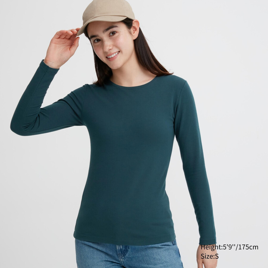 dunkelgrüne uniqlo heattech extra warm baumwoll-thermo-t-shirts mit rundhalsausschnitt und Ärmeln für damen