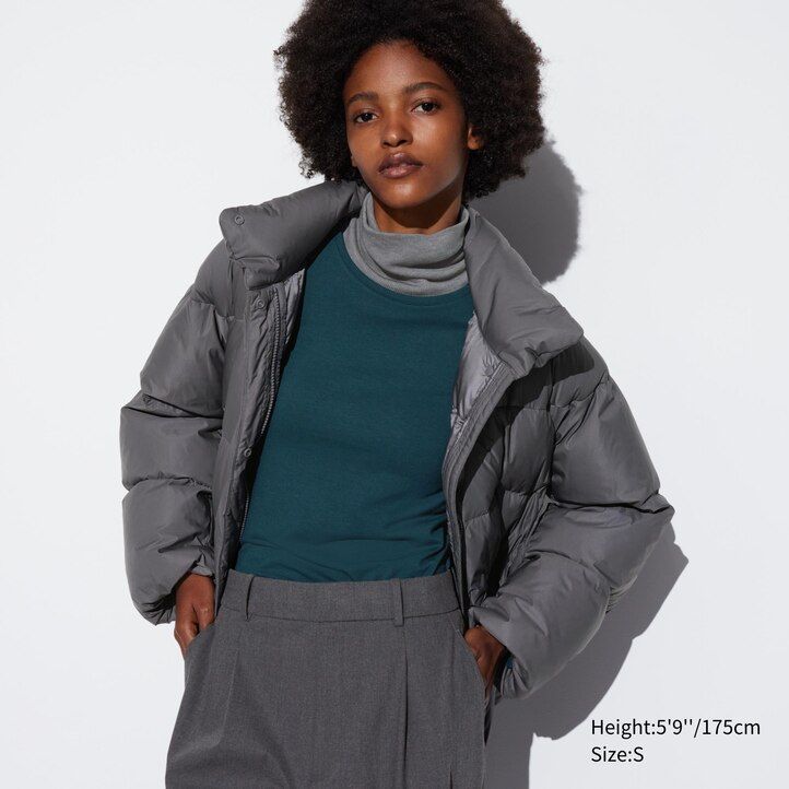 dunkelgrüne uniqlo heattech extra warm baumwoll-thermo-t-shirts mit rundhalsausschnitt und Ärmeln für damen