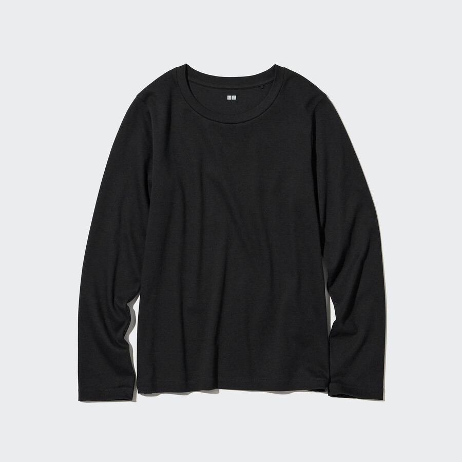 uniqlo damen-t-shirt aus glatter stretch-baumwolle mit rundhalsausschnitt und Ärmeln schwarz