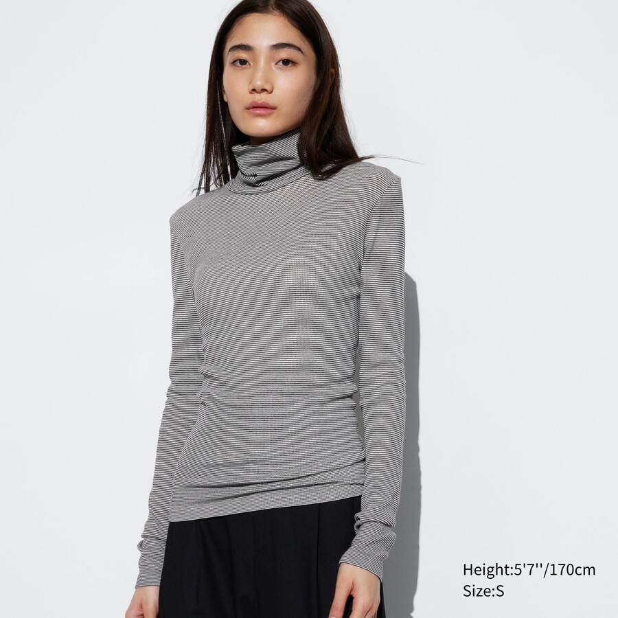 weiße uniqlo heattech extra warm nahtlose gerippte streifen Ärmel thermo-t-shirts für damen