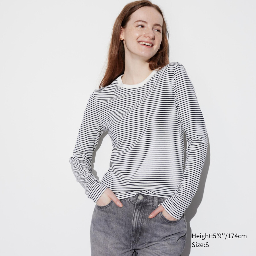 weiße uniqlo damen-t-shirts mit weichem rippstrick streifenmuster rundhalsausschnitt und Ärmeln