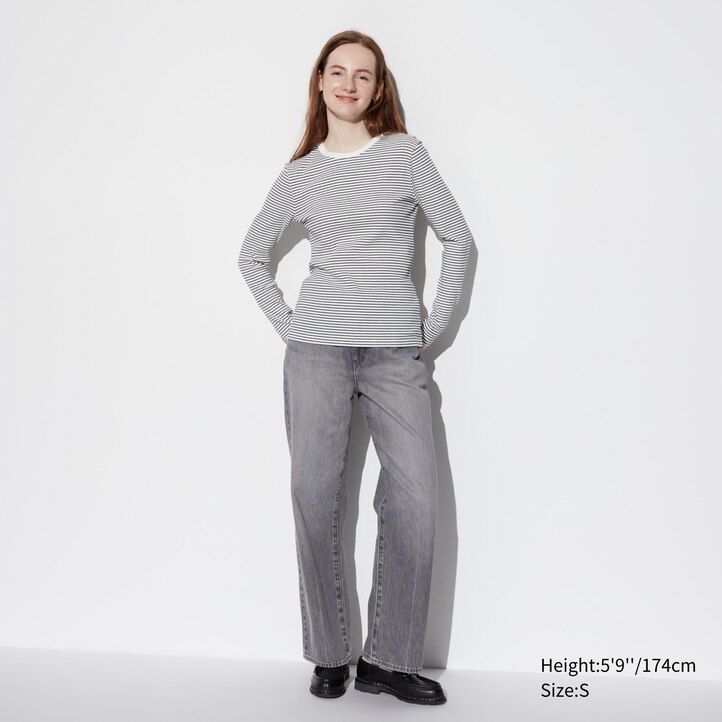 weiße uniqlo damen-t-shirts mit weichem rippstrick streifenmuster rundhalsausschnitt und Ärmeln