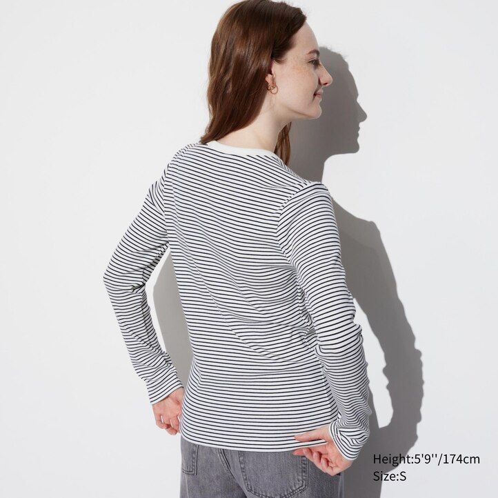 weiße uniqlo damen-t-shirts mit weichem rippstrick streifenmuster rundhalsausschnitt und Ärmeln