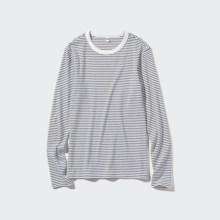 weiße uniqlo damen-t-shirts mit weichem rippstrick streifenmuster rundhalsausschnitt und Ärmeln