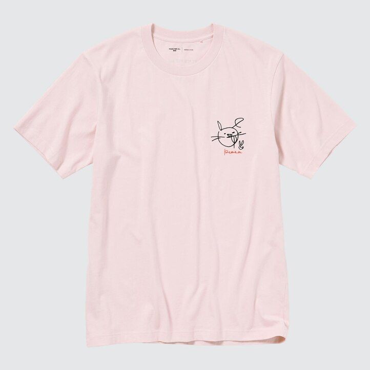 pinkfarbene uniqlo peace for all grafik-t-shirts für damen mit haruka ayase motiv