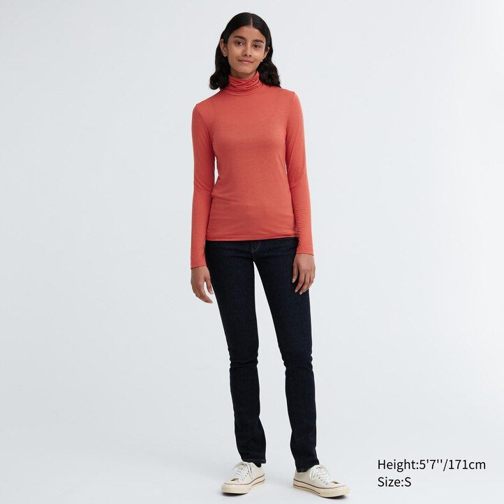 orangefarbene uniqlo heattech ultra light thermo-t-shirts für damen mit Ärmeln