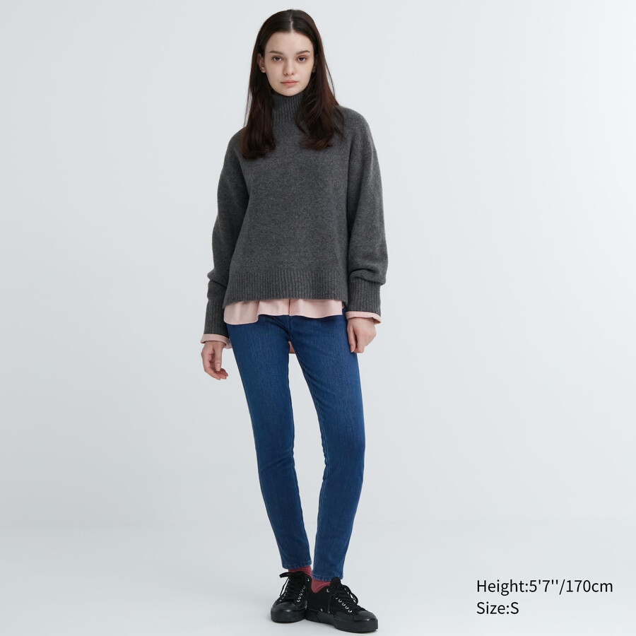 blaue uniqlo heattech ultra stretch denim high rise tops für damen